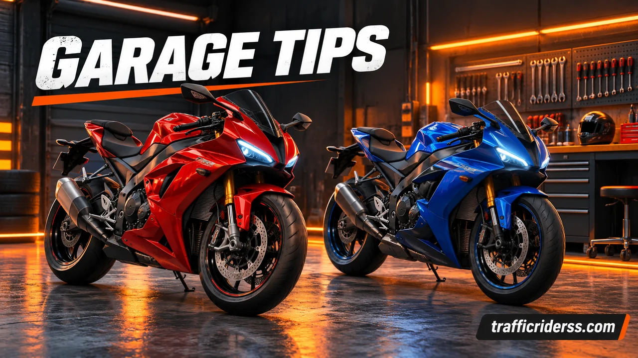 Two motorcycles in a workshop for bike comparison