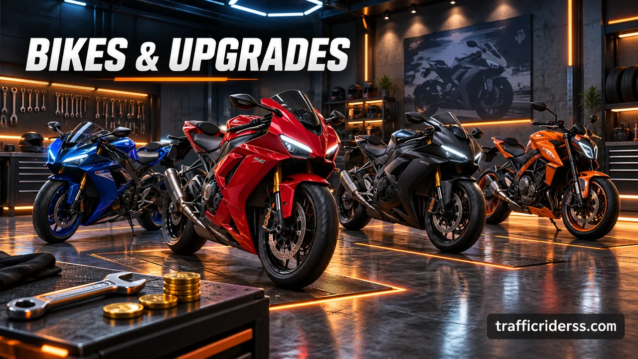 Sport motorcycles displayed inside a motorcycle garage