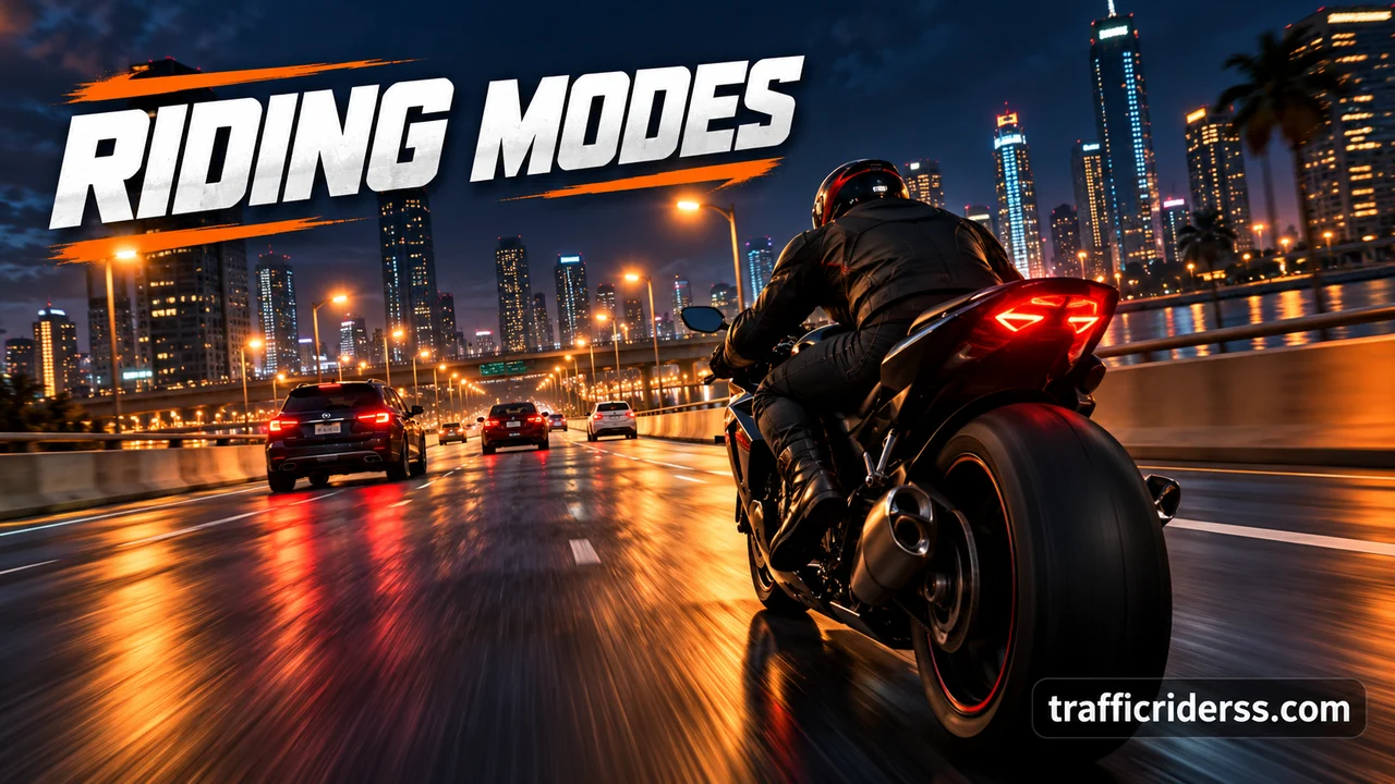 Motorcyclist riding through night time city highway traffic