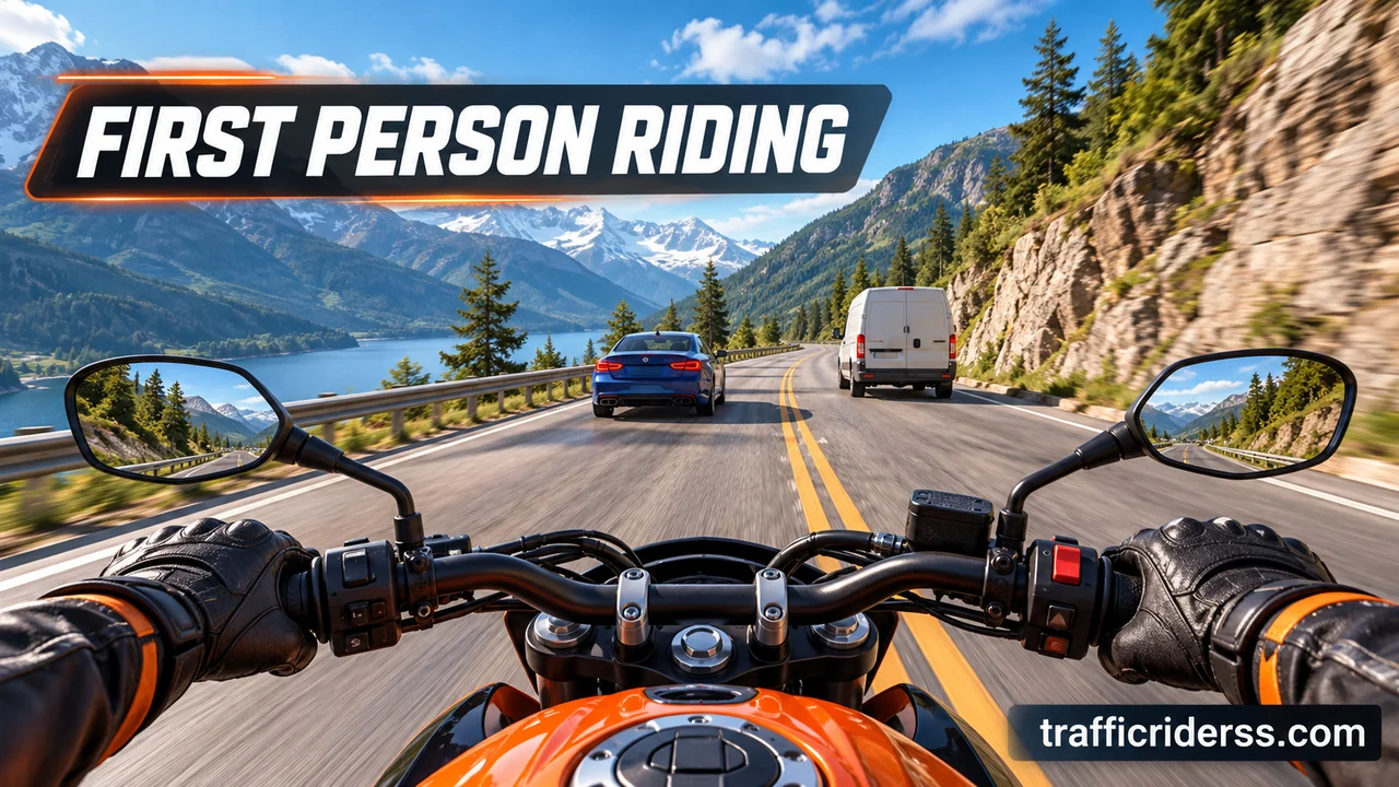 First person motorcycle riding view on an open road